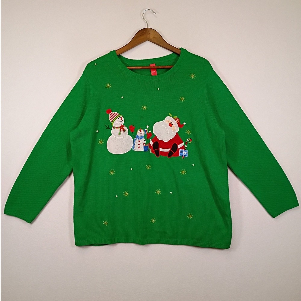 Festive Christmas Unbranded Womens 2X Green Santa Snowman Embroidered Sweater